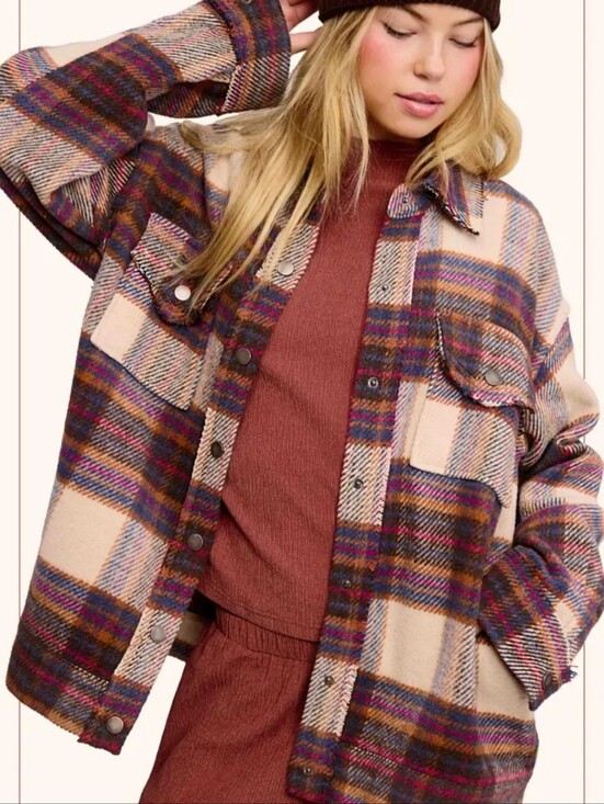 Gigio Jackets & Blazers - Plaid Utility Shacket in Mustard & Brown - Gigio